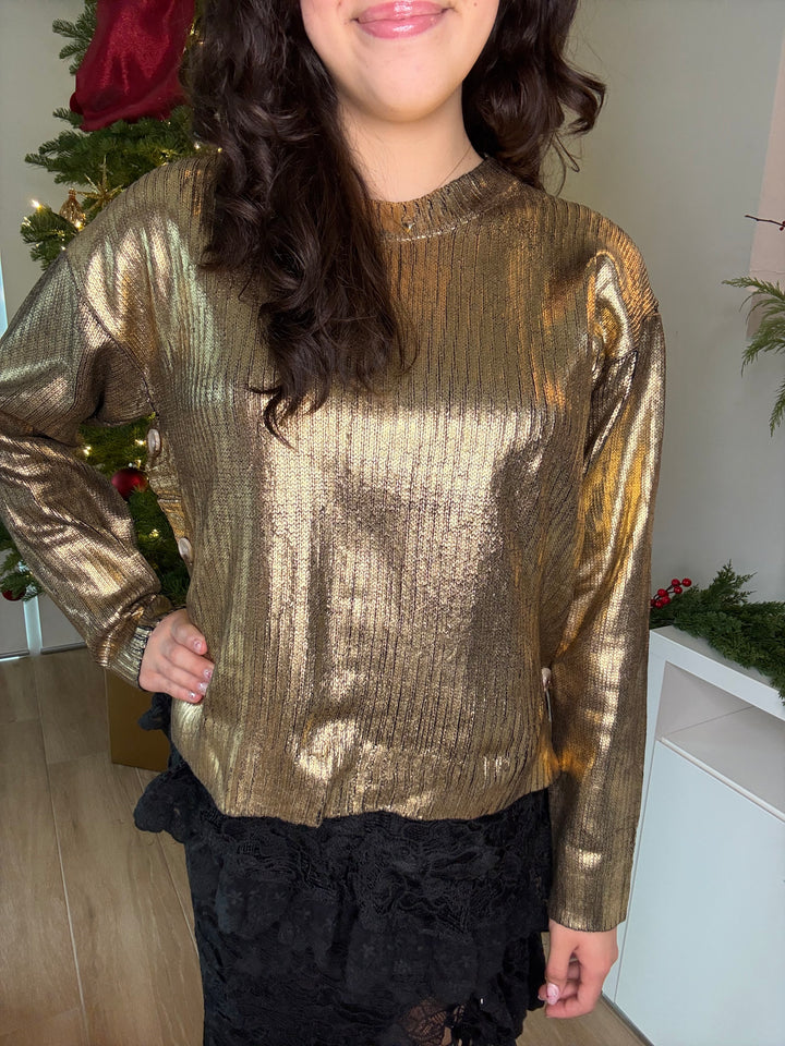 GOLD METALLIC FOIL HOLIDAY SWEATER TOP